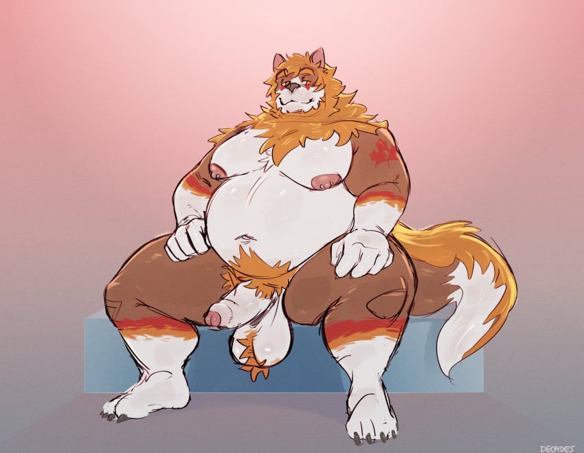 anthro balls belly canid canine canis countershade_torso countershading fox fur genitals hi_res hybrid juicestandmango male mammal moobs multicolored_body navel nipple_piercing nipples nude overweight overweight_anthro overweight_male penis piercing pubes rhyzern sitting solo wolf