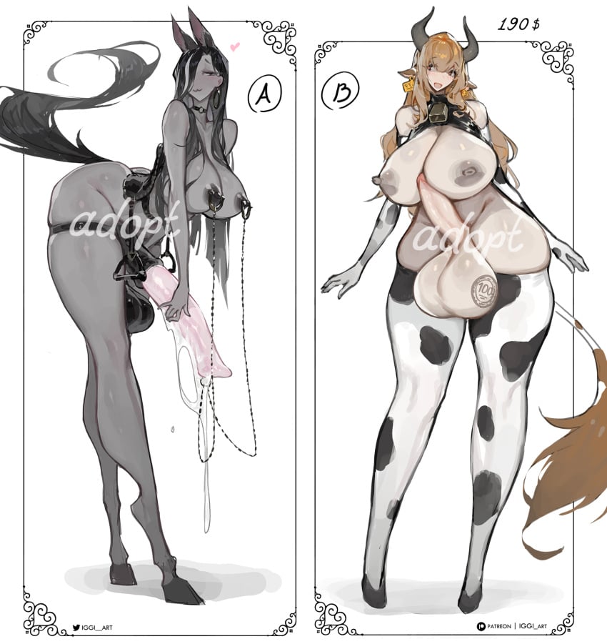 2futas cow_girl dark_skin futanari horse_girl horsecock huge_breasts iggi_art light_skin nipple_piercing saddle size_difference stirrups