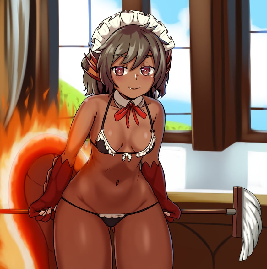 1girls :3 animal_hands bare_shoulders bikini black_hair breasts brown_eyes claws commentary dark-skinned_female dark_skin detached_collar fang_out fiery_tail fins front-tie_bikini_top front-tie_top gluteal_fold hair_between_eyes head_fins highres holding holding_mop indoors lizard_tail looking_at_viewer maid maid_bikini maid_headdress medium_hair micro_bikini monster_girl monster_girl_encyclopedia mop nav_(itsnav) navel neck_ribbon oerba_yun_fang red_ribbon ribbon salamander_(monster_girl_encyclopedia) small_breasts smile solo stomach swimsuit tail unconventional_maid window