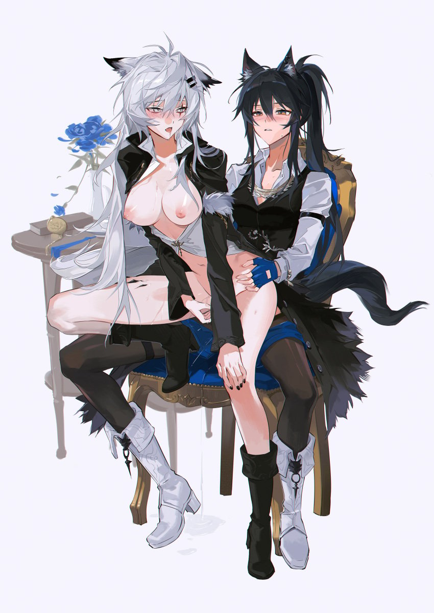 2girls absurdres animal_ear_fluff animal_ears arknights black_coat black_footwear black_hair black_nails black_pantyhose black_vest blue_shorts blush boots breasts breasts_out coat commentary futa_with_female futanari grey_eyes hair_between_eyes highres lappland_(arknights) long_hair medium_breasts meng_ziya multiple_girls nail_polish nipples open_mouth orange_eyes pantyhose pantyhose_under_shorts ponytail saliva scar scar_across_eye sex shirt shorts simple_background symbol-only_commentary tail texas_(arknights) texas_the_omertosa_(arknights) textless_version vest white_background white_footwear white_hair white_shirt wolf_ears wolf_girl wolf_tail