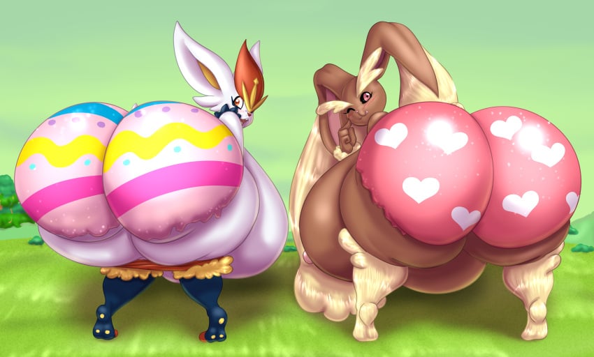 anthro ass bent_over big_breasts big_butt black_sclera blep blues64 bodypaint bottomwear bottomwear_down breasts brown_body cinderace clothed clothing duo easter easter_butt female generation_4_pokemon generation_8_pokemon hi_res holidays huge_breasts huge_butt huge_thighs hyper hyper_breasts hyper_butt looking_at_viewer looking_back lopunny marauder6272 nintendo nipples nude one_eye_closed open_mouth painted_butt pants pants_down partially_clothed pink_eyes pink_nipples pokemon pokemon_(species) presenting presenting_hindquarters red_eyes smile thick_thighs tongue tongue_out white_body wide_hipped_female wide_hips