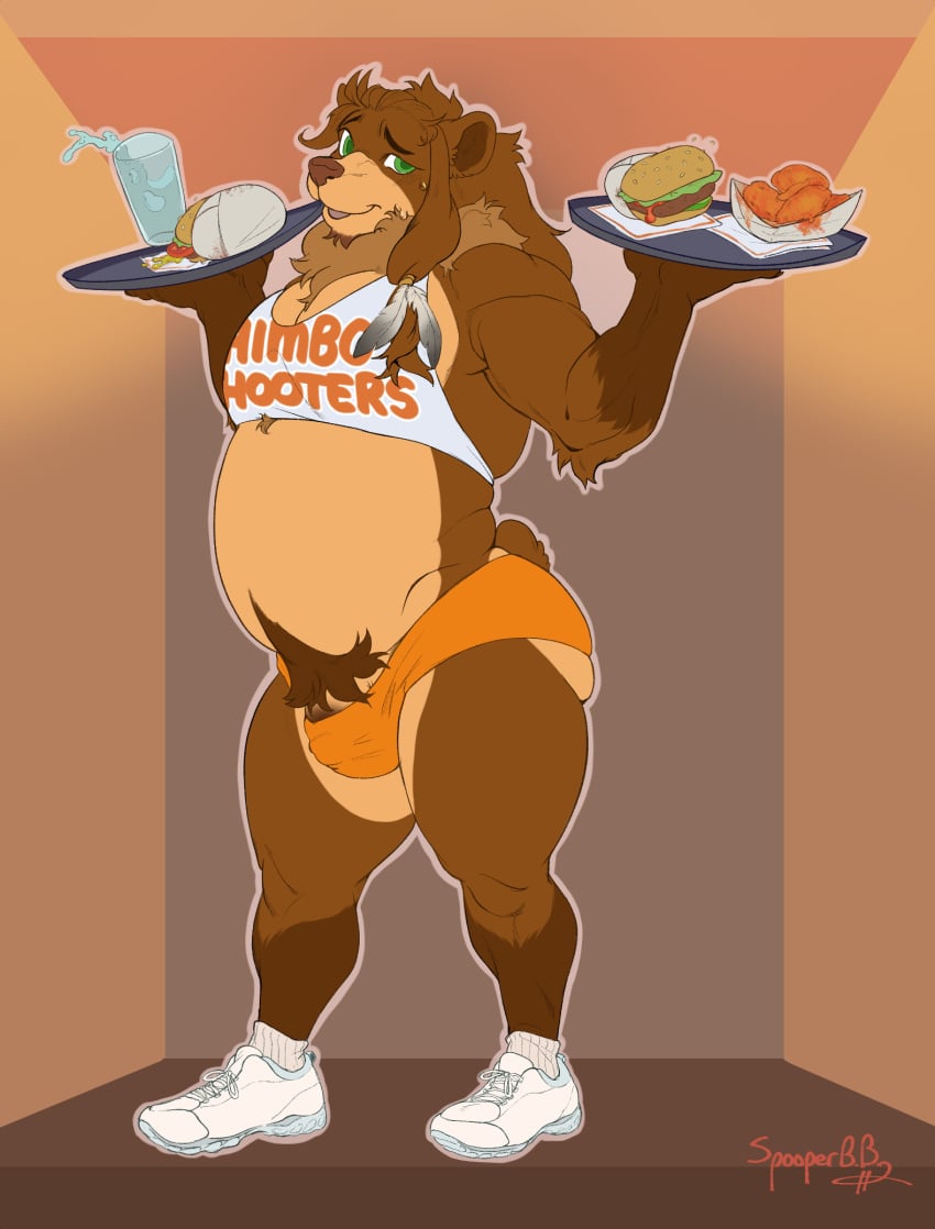 ass bear belly brown_bear brown_body brown_fur bulge clothing food fur green_eyes grizzly_bear hi_res himbo_hooters himbofication hooters kiaayo_(kiaayo) male mammal overweight overweight_male pecs solo spooperbeebutt tight_clothing ursine