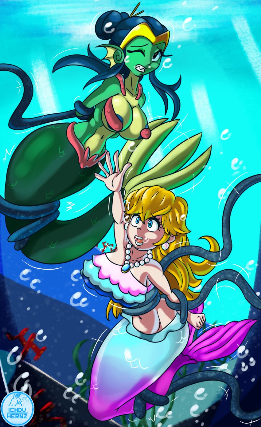 2girls bubbles crossover eastern_and_western_character female ichduhernz mario_(series) mermaid mermaid_peach nintendo peril princess princess_peach princess_peach:_showtime! shantae shantae_(character) underwater underwater_peril wayforward