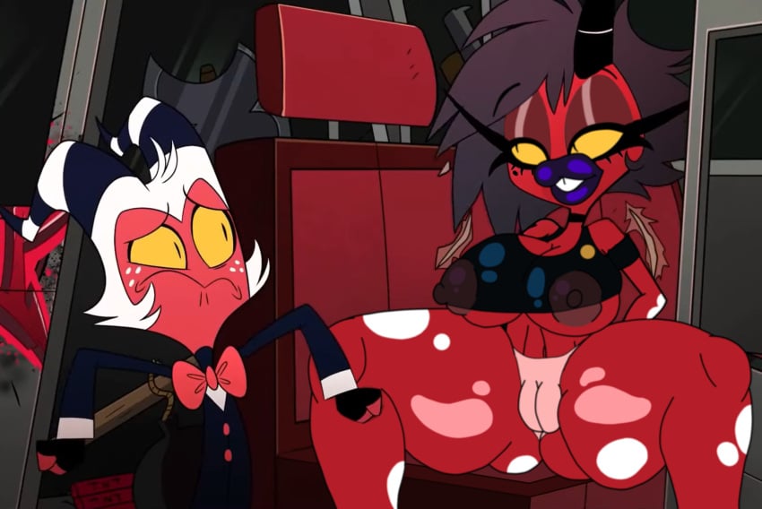 accurate_art_style ass bimbo bimbo_lips bimbofication butt demon_girl edit edited_screencap helluva_boss huge_breasts millie_(helluva_boss) moxxie_(helluva_boss) notagoodguy1_(autor) open_legs thick_legs thick_lips thick_thighs