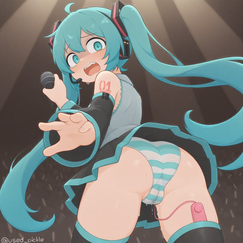 audience blue_hair cameltoe exhibitionism hatsune_miku looking_at_viewer microphone more_revealing_backside on_stage panic panicked_look public public_masturbation pussy_juice pussy_juice_drip striped_panties sweatdrop tagme unknowing_bystander upskirt used_pickle vibrator vibrator_in_pussy vibrator_under_clothes vocaloid