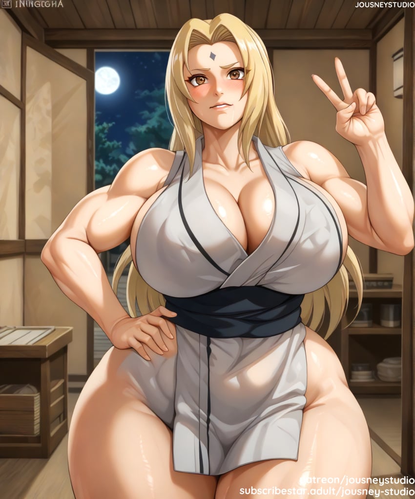 ai_generated areolae bangs bare_shoulders biceps blonde_hair blush boruto:_naruto_next_generations breasts brown_eyes cleavage clothing curvaceous facial_mark female female female_only forehead_mark full_moon hand_on_hip huge_breasts indoors jousneystudio kimono large_breasts lips long_hair looking_at_viewer mature mature_female moon muscular_female naruto naruto_(series) naruto_shippuden navel night night_sky obi pelvic_curtain sash shiny_skin short_kimono sky smile solo standing thick_thighs thighs traditional_clothes tsunade v voluptuous wide_hips