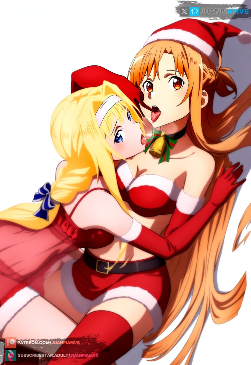 2girls ai_generated alice_schuberg big_breasts blonde_hair blue_eyes brown_eyes christmas_clothing christmas_outfit juanpiamvs laying_down laying_on_person licking open_mouth patreon patreon_username subscribestar subscribestar_username sword_art_online tongue_out watermark yuuki_asuna