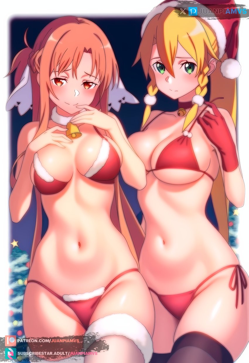 2girls ai_generated big_breasts bikini blonde_hair blush brown_eyes christmas_clothing christmas_outfit curvy green_eyes juanpiamvs leafa looking_at_viewer patreon patreon_username sexy standing subscribestar subscribestar_username sword_art_online watermark yuuki_asuna