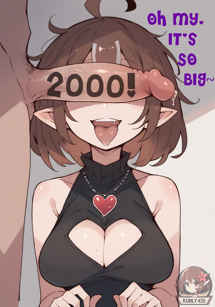 ai_generated artist_logo bare_shoulders brown_hair cleavage_cutout eyes_covered follower_celebration kurly435 medium_breasts medium_hair mira_(kurly435) open_mouth original_character penis_over_eyes pointy_ears simple_background smile streaked_hair sweater_dress text tongue_out twitter_username