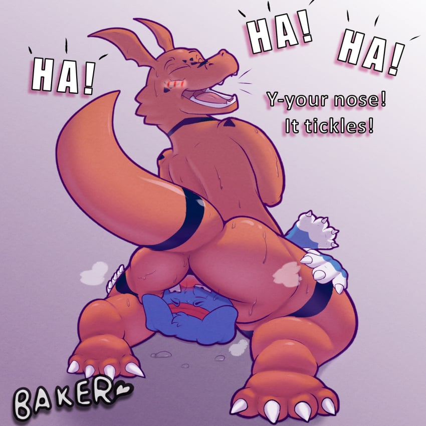 anthro bakertheskunk bandai_namco bodily_fluids butt_sniffing canid canine digimon digimon_(species) duo facesitting gaomon guilmon hi_res male male/male mammal musk sitting_on_another sniffing sweat