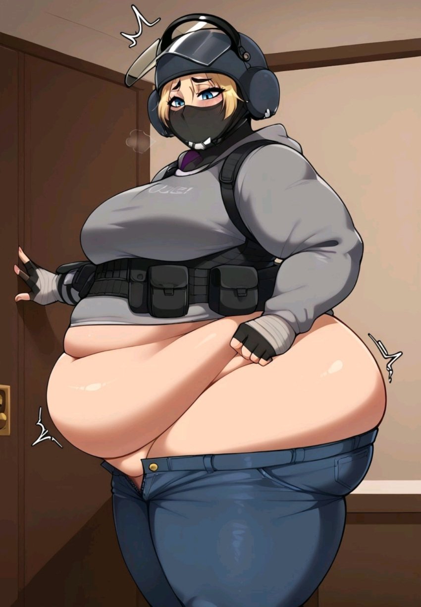 ai_generated ben03020 big_ass fupa iq_(rainbow_six) obese_female rainbow_six_siege undersized_clothes weight_conscious