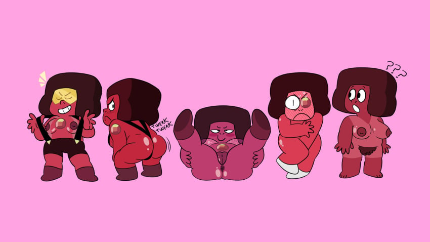 army_(steven_universe) cartoon_network completely_nude_female covered_nipples covering_crotch doc_(steven_universe) eyeball_(steven_universe) gem_(species) jones_boi jonesbo50034805 leggy_(steven_universe) mad_face navy_(steven_universe) ruby_squad sling_bikini steven_universe suspenders twerking