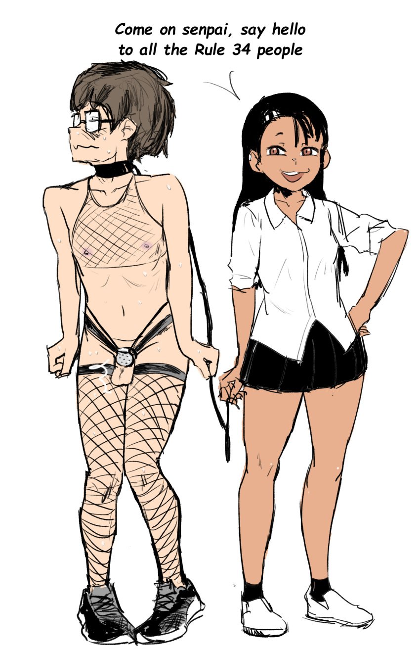 1boy 1girls assisted_exposure belt chastity_cage chastity_device collar english_text exhibitionism female femboy femdom fishnet_stockings fishnets flat_chastity_cage glasses hayase_nagatoro human humiliation leash leash_and_collar male malesub naoto_hachioji_(senpai) netorito nude_male_clothed_female please_don't_bully_me,_nagatoro public_exposure public_humiliation rule34 sissy sissyfication stockings tan_skin text weak weak_male