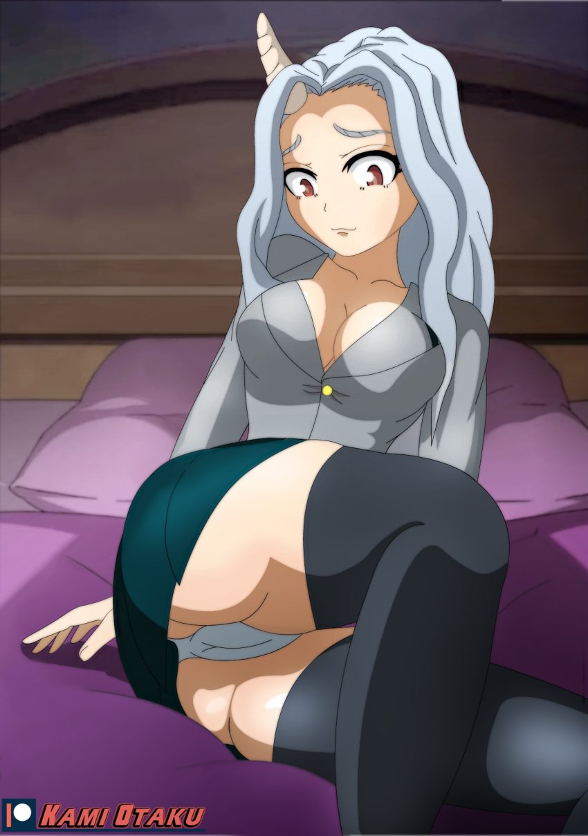 1girls aged_up breasts cameltoe clothing eri_(my_hero_academia) female_only grey_hair horn kami_otaku looking_at_viewer my_hero_academia panties patreon red_eyes school_uniform solo thighhighs