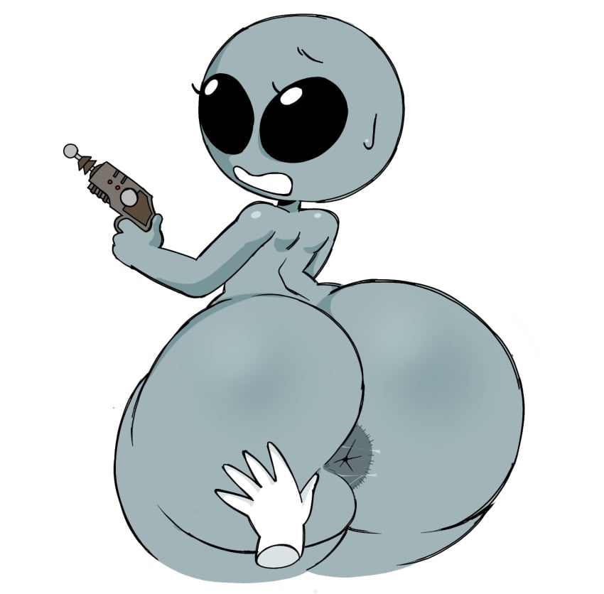 2d alien_girl anus ass ass_focus big_ass big_butt bubble_butt dat_ass dumptruck_ass embarrassed enormous_ass fat_ass female grey_alien grey_skin gun huge_ass looking_back mrpotato123_ roswell_grey tagme white_background wide_hips