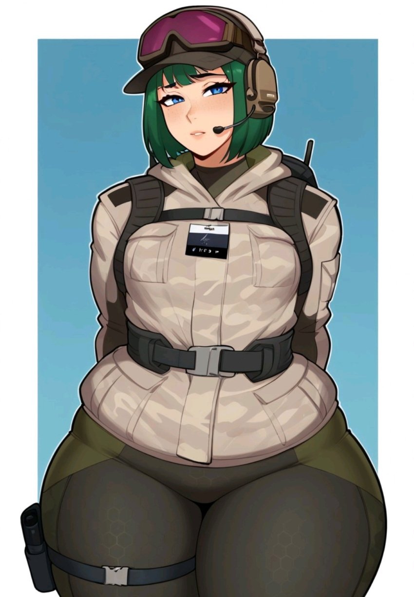 1girls ai_generated ben03020 blue_eyes ela_(rainbow_six) green_hair hands_behind_back rainbow_six_siege thick_thighs wide_hips