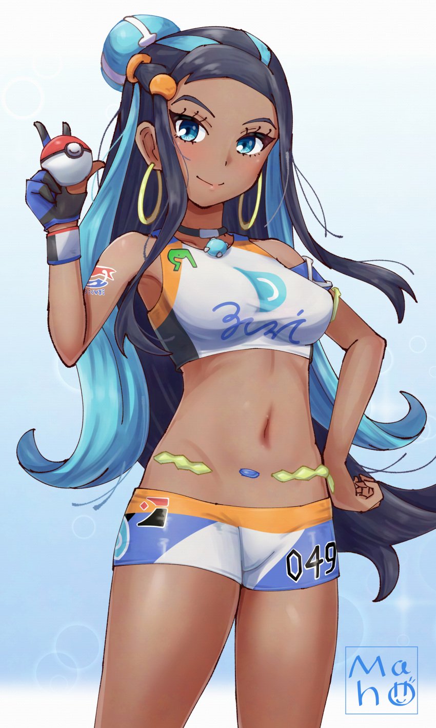 absurdres arm_tattoo armlet belly_chain bike_shorts black_hair blue_eyes blue_hair breasts closed_mouth cowboy_shot crop_top dynamax_band earrings eyelashes female gloves gradient_background hand_on_own_hip hand_up highres holding holding_poke_ball hoop_earrings jewelry looking_at_viewer maho_(corotonton5150) multicolored_hair navel nessa_(pokemon) partially_fingerless_gloves poke_ball poke_ball_(basic) pokemon pokemon_swsh single_glove smile solo sports_bra tattoo two-tone_hair