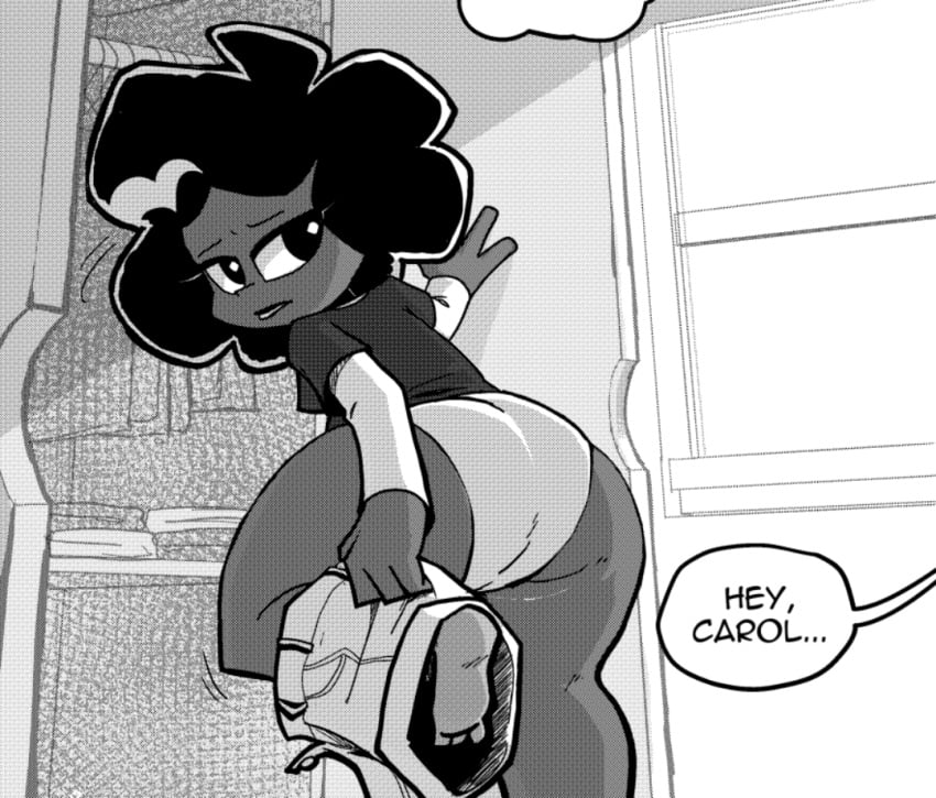 1ambiguous 1girls afro ambiguous_gender bbpanzu big_jersey black_and_white black_hair bottom_heavy bottom_heavy_female carol_(bbpanzu) character_off_screen comic comic_panel cropped cropped_image dark-skinned_female dark_skin dialogue female female_focus female_only friday_night_funkin grayscale hand_on_wall long_sleeves looking_at_another looking_back monochrome not_porn official_art panties pants pants_around_one_leg solo solo_female solo_focus tagme turning_head undressing