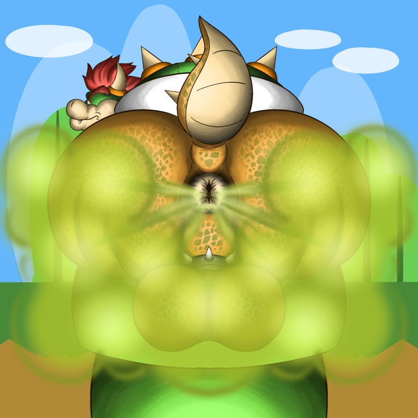 anthro anus ass balls bowser fart fart_cloud farting_at_viewer gassy genitals hi_res koopa looking_back male mario_(series) mario_bros nintendo perineum presenting presenting_anus presenting_hindquarters raised_tail scalie smelly solo stuck_in_pipe stuck_in_warp_pipe sunflower_fox tail