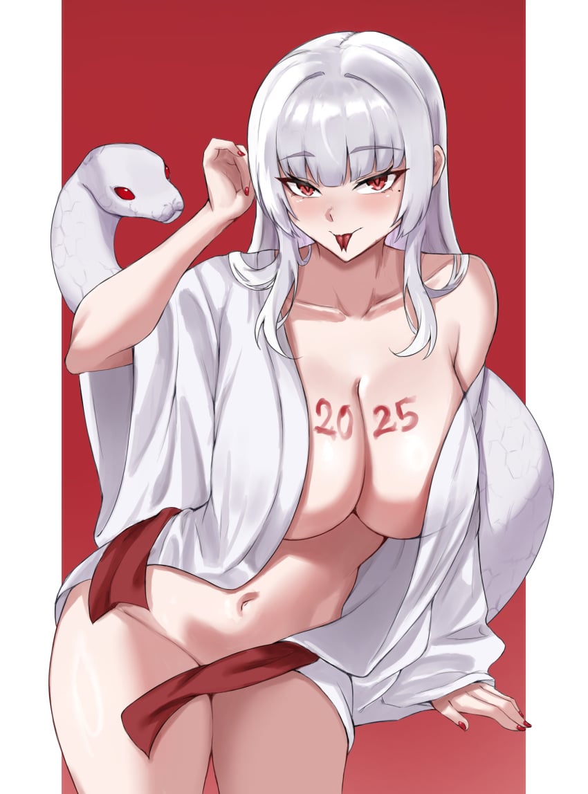 1girls 2025 big_breasts blush breasts collarbone fangsod hi_res long_hair long_tongue looking_at_viewer no_bra no_panties nude nude_female oc original_character red_eyes simple_background smile snake snake_girl snake_tongue solo tongue tongue_out white_hair