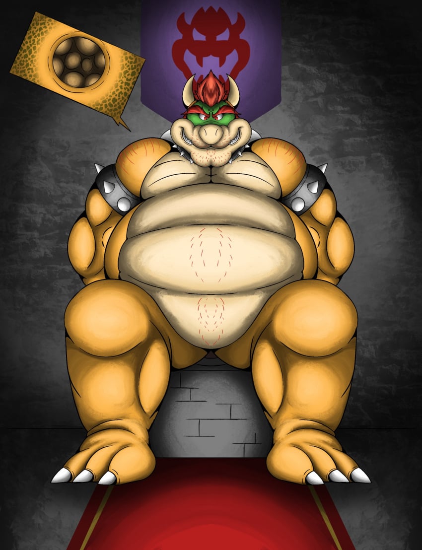 anthro anus belly bowser castle claws collar crouching feces hi_res horn koopa male mario_bros musclegut muscular nintendo nude scalie scat solo spiked_collar spikes sunflower_fox toilet