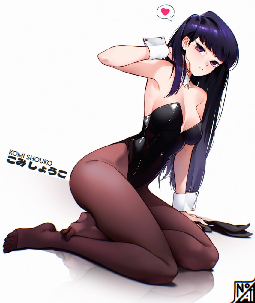 1girls animal_ears arm_support black_leotard breasts cesar_art456 character_name closed_mouth commentary detached_collar english_commentary fake_animal_ears feet hand_in_own_hair heart highleg highleg_leotard highres komi-san_wa_komyushou_desu komi_shouko large_breasts legs leotard long_hair looking_at_viewer no_shoes pantyhose playboy_bunny purple_eyes purple_hair rabbit_ears reflection simple_background sitting solo spoken_heart strapless strapless_leotard thighs toes very_long_hair white_background white_wrist_cuffs wrist_cuffs yokozuwari