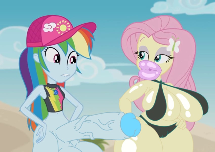 accurate_art_style big_breasts bimbo bimbo_lips bimbofication bitting_lip edit edited_screencap equestria_girls fluttershy_(mlp) futanari huge_cock my_little_pony my_little_pony_equestria_girls no_pants notagoodguy1_(autor) rainbow_dash_(mlp) shiny_skin thick thick_thighs throbbing_penis