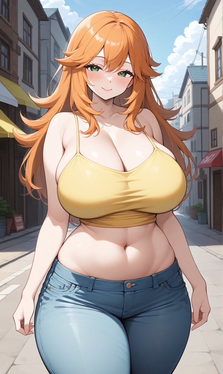 ai_generated bangs bare_arms bare_shoulders blue_pants blue_sky blush breasts building camisole clavicle cleavage closed_mouth clothing cloud crop_top curvaceous day denim denim_shorts female female_only green_eyes hair_between_eyes huge_breasts indoors jeans kasumi_(pokemon) large_breasts long_hair looking_at_viewer midriff navel orange_hair outdoors pants plant pokemon pokemon_character road shirt short_shorts shorts sky sleeveless smile solo spaghetti_strap standing stomach street tank_top thick_thighs thighs wide_hips yellow_shirt