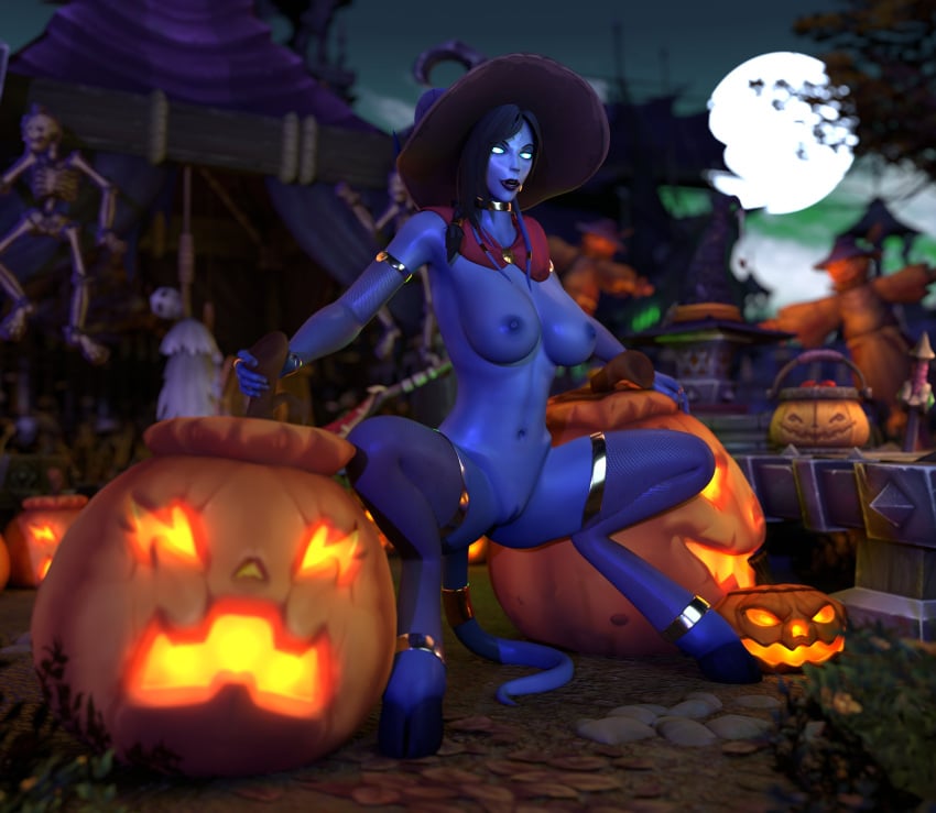 1girls 3d big_breasts black_hair blizzard_entertainment blue_skin draenei female female_only halloween horns mrtaxman nude pussy sironis solo spread_legs squatting stockings tail thick_thighs thighhighs voluptuous voluptuous_female warcraft wide_hips witch_hat world_of_warcraft