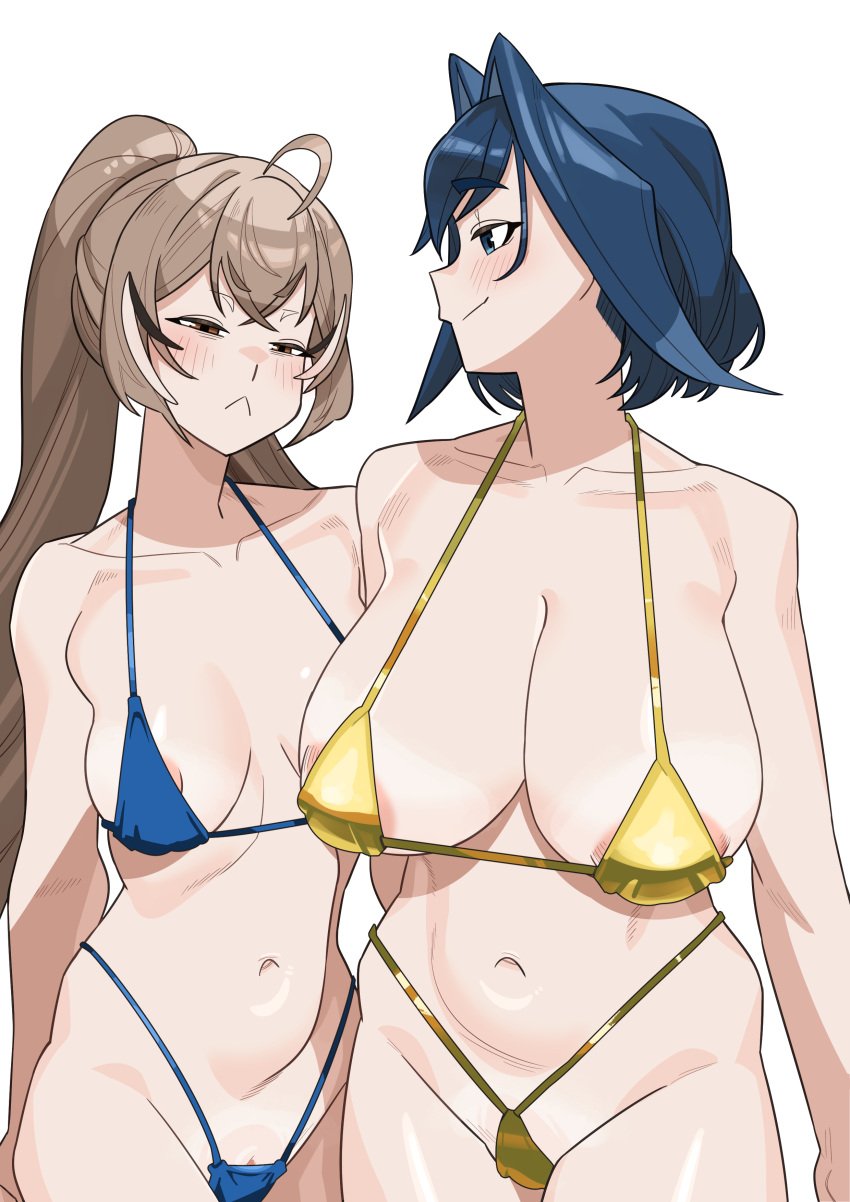 2girls bikini bitch gold_bikini hololive hololive_english hololive_english_-council- hololive_english_-promise- large_breasts micro_bikini nanashi_mumei ouro_kronii yanjhia