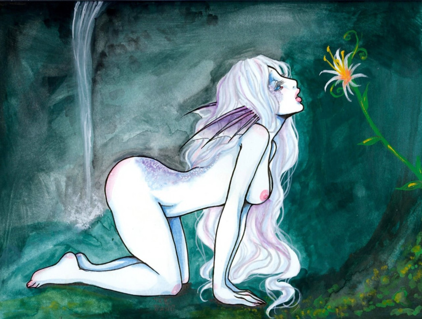 breasts fantasy female flower head_fins littledoll nude solo white_hair white_skin