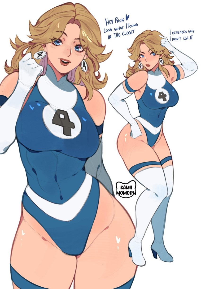 1girls blonde_hair blue_eyes breasts earrings english_text fantastic_four female female_only hi_res kamii_momoru large_breasts light-skinned_female light_skin marvel marvel_rivals solo sue_storm superheroine text thighhighs thighs wide_hips