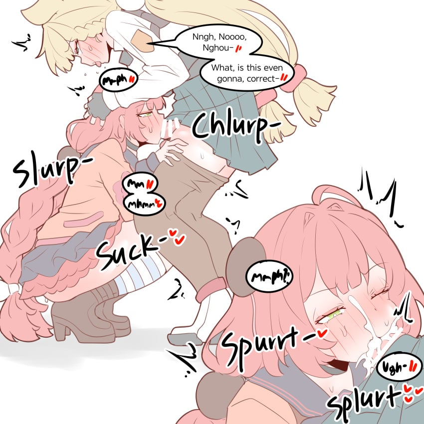 2girls absurdres alice_thymefield animal_ears bar_censor blonde_hair blush braid braided_twintails breasts cardigan censored cum cum_in_mouth ejaculation english_text fellatio futa_with_female futanari green_eyes hair_ornament highres long_hair multiple_girls open_mouth oral penis physisyoon pink_cardigan rabbit_ears rabbit_girl red_hair shirt simple_background speech_bubble sphere_hair_ornament twin_braids twintails ukinami_yuzuha very_long_hair white_background white_shirt zenless_zone_zero