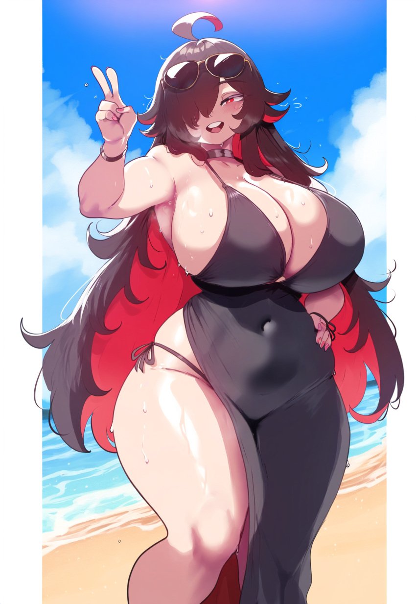 ai_generated amber_eyes ameanon black_dress dark_hair female large_breasts sorceress sorceress_sophia thick_thighs two_tone_hair villainess witch