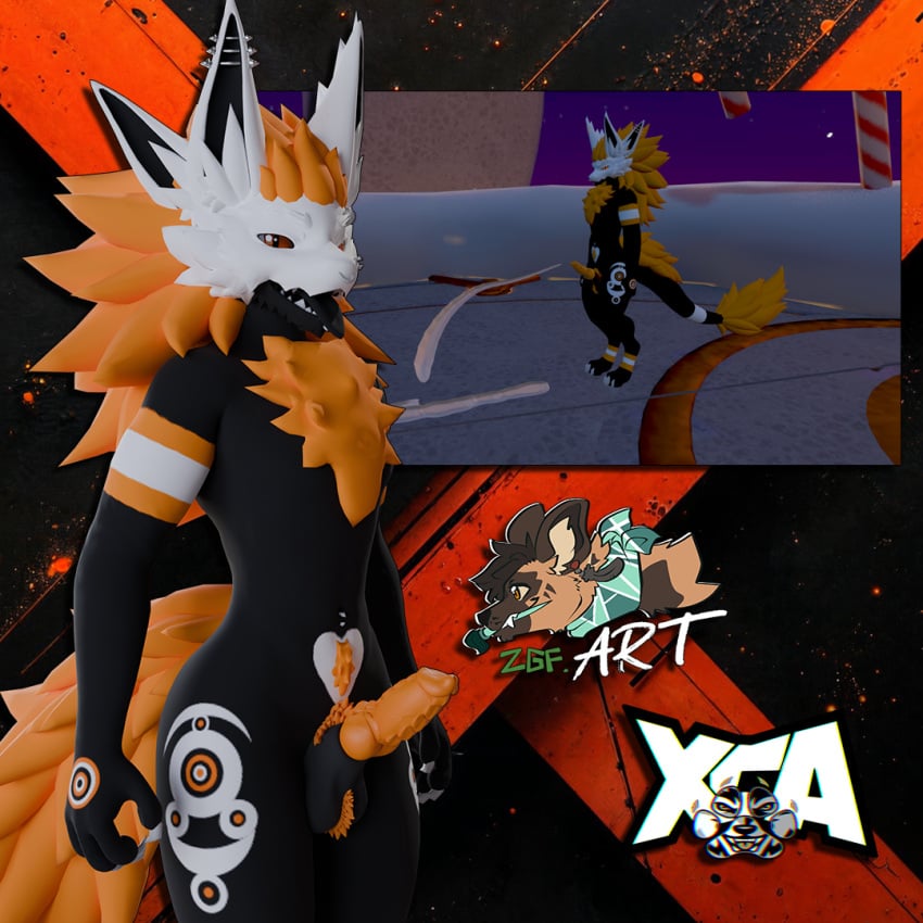 2024 3d_modeling balls black_body bodily_fluids cum cumshot dragon ejaculation erection fur furry genital_fluids genitals male markings model mythological_creature mythological_scalie mythology orange_body orange_eyes orange_fur penis scalie symbol_tattoo vrchat vrchat_model white_body xca zgf_art