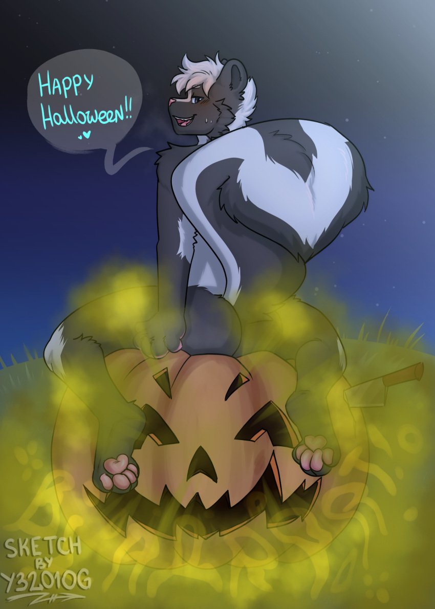 anthro ass fart fart_cloud food fruit halloween hi_res holidays jack-o'-lantern looking_at_viewer looking_back looking_back_at_viewer male mammal mephitid paws plant pumpkin raised_tail skunk slim solo tail y32010g