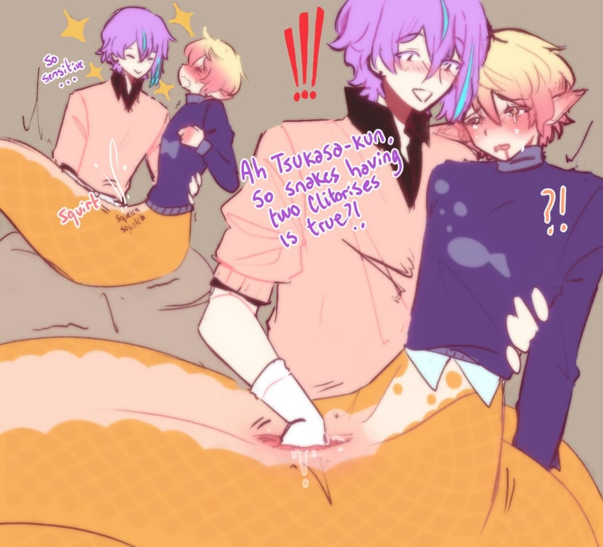 2boys 69pink_lemonade ?! anatomically_correct_clitoris anatomically_correct_cloaca blonde_hair clothed colored crying cuntboy fingering fisting fisting_pussy gloves hand_in_pussy holding_partner intersex kamishiro_rui male male/male naga pointy_ears project_sekai purple_hair pussy pussy_juice pussy_juice_drip researcher snake squirting talking_to_partner tenma_tsukasa twink