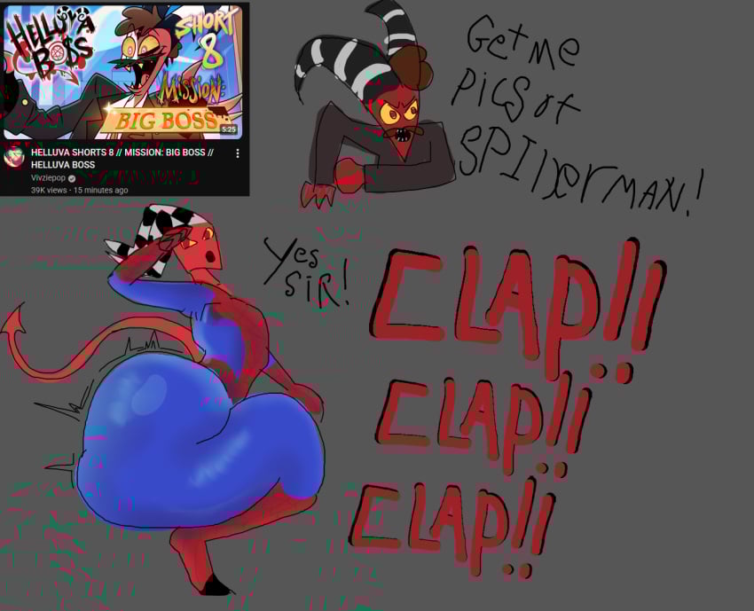 big_butt blitzo_(helluva_boss) clothed demon dialogue fist full_color fully_clothed gay grey_background hair hand_on_knee hand_on_thigh horns huge_butt hyper_ass j_jonah_jameson john_jonah_jameson line_art male male_only marvel massive_ass meme moustache moxxie_(helluva_boss) no_background onomatopoeia pointy_teeth red_eyes red_skin salute sexy sexy_body sexy_male sexy_pose shaded shiny_clothes simple_background sketch spider-man spider-man_(series) spider_web squatting stripes superhero tail text thick_thighs thotsquat thumbnail twerking yellow_eyes yellow_sclera