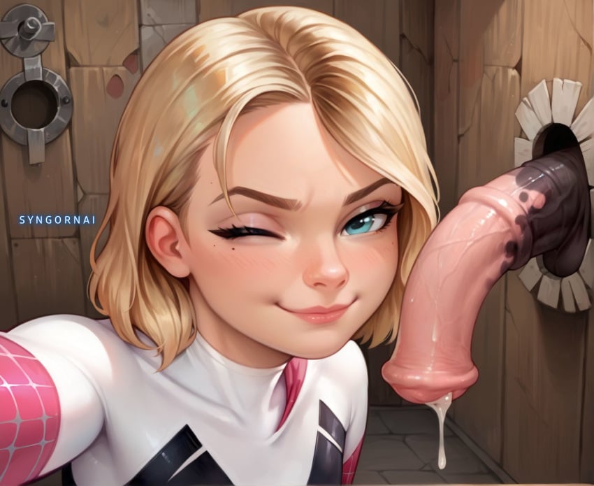 ai_generated equine_penis glory_hole gwen_stacy penis_worship smug spider-gwen syngornai wink zoophilia