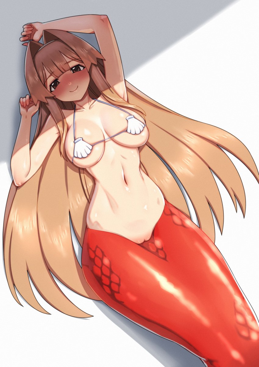 blush bottomless breasts brown_eyes brown_hair female female_focus fins fish_tail long_hair looking_at_viewer mermaid mermaid_tail mermaid_transformation monster_girl my_bride_is_a_mermaid navel pink_tail seashell_bra seductive_pose seductive_smile serafuku seto_no_hanayome seto_sun smile tail transformation very_long_hair water wet