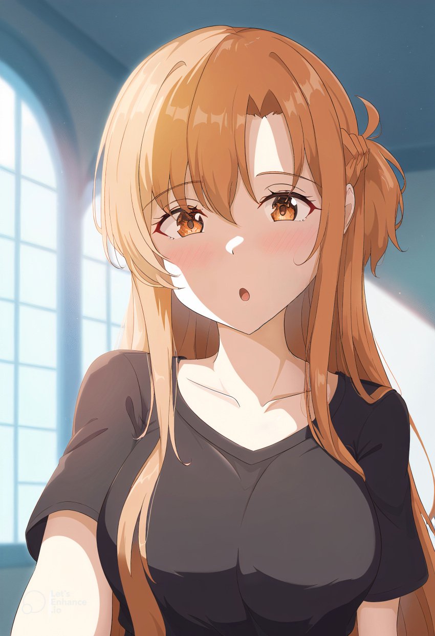 :o absurd_res ai_generated blush breasts orange_eyes orange_hair sword_art_online t-shirt yuuki_asuna