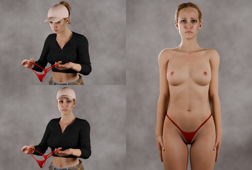 3d 3koma bikini_bottom bikini_bottom_only clothed/nude embarrassed_nude_female embarrassed_underwear_female embarrassing_outfit enf euf girls_reacting_to_bikini_(meme) laura_kearney nipples on/off panties_only posing_for_the_viewer red_panties reluctant sequence small_breasts studio the_quarry topless_female trying_on_clothes