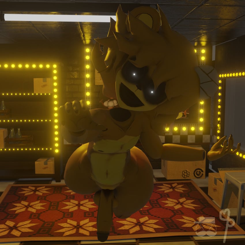 1boy 3d artist_signature balls big_thighs bottle bottles box boxes carpet fazclaire's_nightclub femboy five_nights_at_freddy's floating fredina's_nightclub glowing_eyes golden_freddy_(fnaf) golden_fredina_(cally3d) looking_at_viewer male male_only pasquinor penis reaching_towards_viewer robot robot_boy robot_femboy solo thick_thighs thighs type_0 type_0_(zanicart) voluptuous wide_hips yellow_body yellow_hair yellow_lights yellow_penis