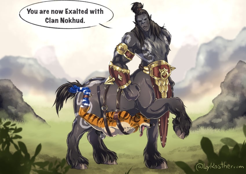 absurd_res anal anal_sex anthro anthro_on_taur anthro_penetrated armor avrus balls belly_riding big_dom_small_sub black_balls blizzard_entertainment bondage bound bracers centaur chastity_cage chastity_device dominant dominant_male dominant_taur equid equid_taur european_mythology felid fist fucked_silly genitals gold_(metal) greek_mythology hands_behind_back hi_res hooves horn humanoid_taur hybrid lykostherium male male/male male_only mammal mammal_taur mythology open_mouth pantherine penetration plant rock shrub size_difference speech_bubble stomach_bulge straps suspension tagme tattoo taur taur_penetrating taur_penetrating_anthro tiger tongue tongue_out undercarriage warcraft wilderness