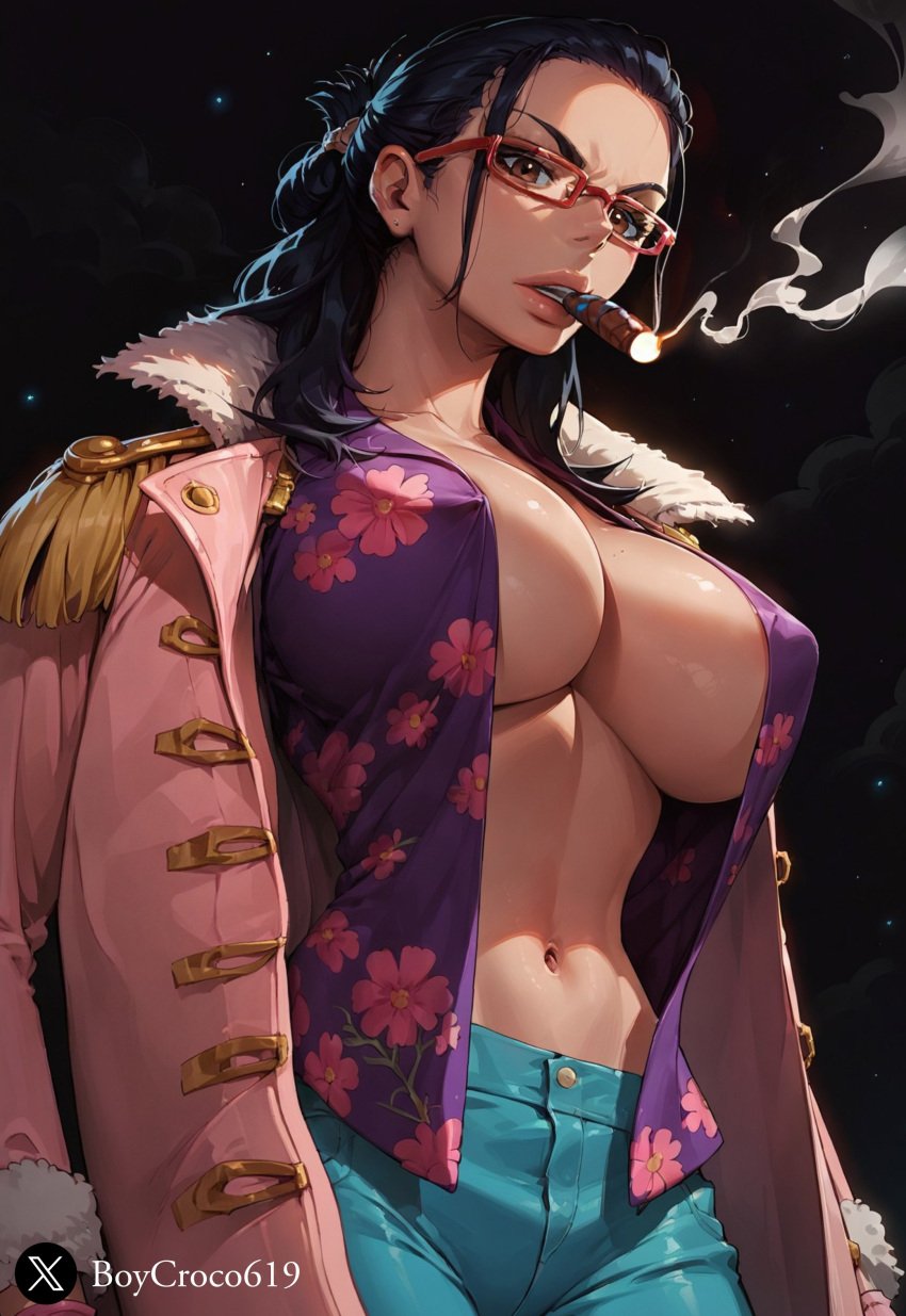 1girls ai_generated big_breasts black_hair boycroco619 cigar female female_only one_piece open_shirt punk_hazard smoker_(one_piece) smoking tashigi