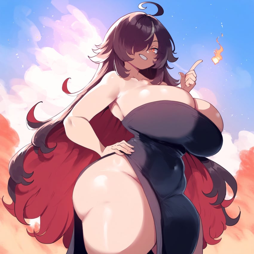 ai_generated amber_eyes ameanon black_dress dark_hair female large_breasts sorceress sorceress_sophia thick_thighs two_tone_hair villainess witch