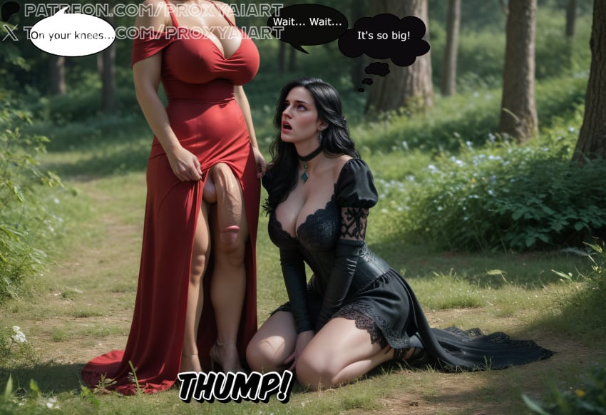 3d ai_generated big_breasts black_hair comic comic_panel fantasy futa_on_female futanari highres huge_ass huge_breasts huge_cock milf panels proxyaiart purple_eyes red_hair text text_bubble the_witcher_(series) the_witcher_3:_wild_hunt thick_ass thick_thighs triss_merigold voluptuous yennefer yennefer_of_vengerberg