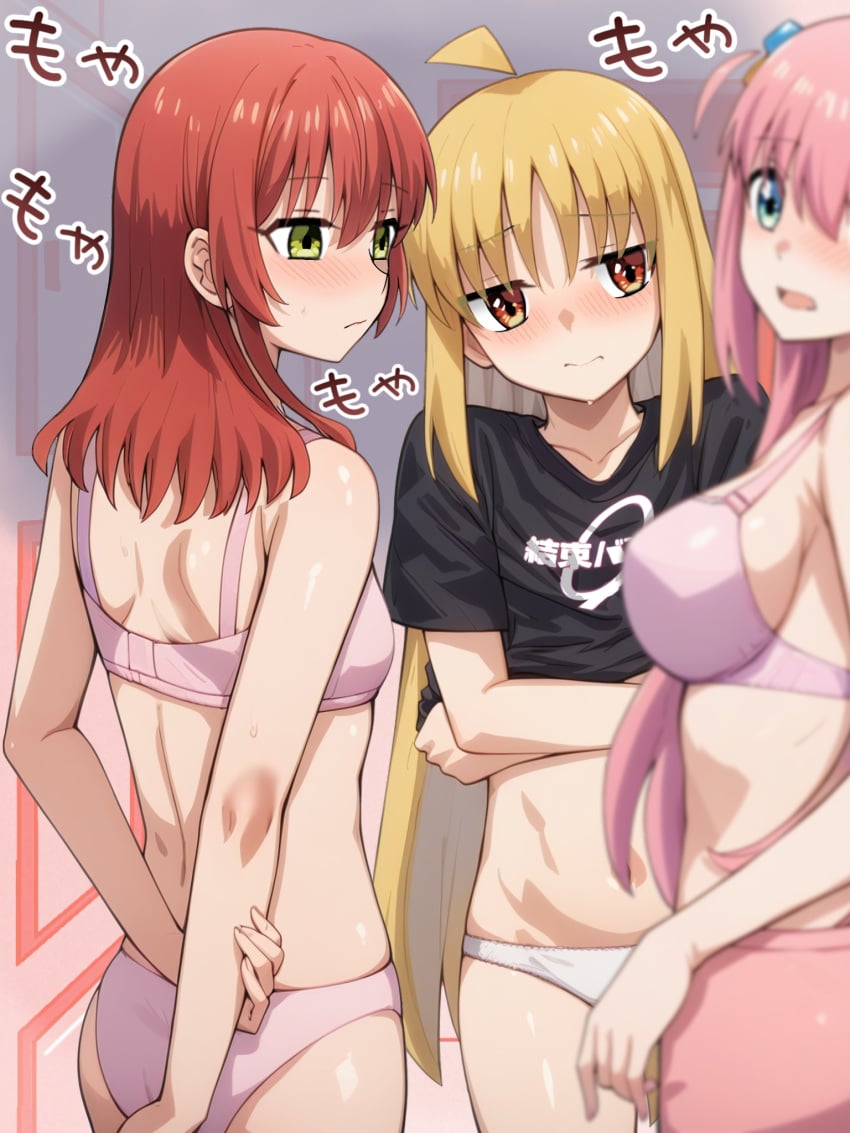 3girls ahoge ass bare_arms bare_back bare_belly bare_chest bare_hands bare_hips bare_legs bare_midriff bare_navel bare_shoulders bare_skin bare_thighs belly belly_button black_clothes black_t-shirt black_topwear blonde_eyebrows blonde_female blonde_hair blonde_hair blonde_hair_female blue_eyes blue_eyes_female blush blush_face blush_lines blushed_face blushing_at_another blushing_at_partner blushing_face blushing_female bocchi_the_rock! bra breasts busty busty_female busty_teen clothes clothes_lift clothes_pull collarbone dot_nose elbows embarrassed embarrassed_exposed_female embarrassed_expression embarrassed_female embarrassed_nude_female embarrassed_underwear_female exposed_arms exposed_back exposed_belly exposed_chest exposed_hips exposed_legs exposed_midriff exposed_navel exposed_shoulders exposed_skin exposed_thighs eyebrows_visible_through_hair fair_skin female female_focus female_naked female_only fingers gotou_hitori green_eyes green_eyes_female hair_between_eyes hair_ornament half_naked half_nude hand_on_arm hand_on_own_arm head_tilt high_resolution high_school_student highres ijichi_nijika indoor indoor_nudity indoors japanese_text kita_ikuyo large_breasts lean_body lean_figure legs light-skined_female light-skinned light-skinned_female light_skin light_skin_female light_skinned light_skinned_female long_hair midriff multiple_females multiple_girls naked naked_female naked_woman narrow_waist navel nervous nervous_expression nervous_face nervous_female nude nude_female nudity open_mouth orange_eyes orange_eyes_female panties parted_lips partially_naked pink_bra pink_eyebrows pink_hair pink_hair_female pink_panties pink_underwear pink_yoga_pants red_hair red_hair_female ryuhirohumi school_girl school_girls semi_nude shoulders shy shy_expression sideboob slender_body slender_waist slim_girl slim_waist small_breasts smooth_skin standing t-shirt t-shirt_lift teen_girl teenage_girl teenage_girls teenager text thighs thin_waist tilted_head tongue topwear topwear_lift topwear_pull translation_request underwear underwear_only upper_body white_panties white_underwear yellow_eyebrows yellow_hair yellow_hair_female yoga_pants