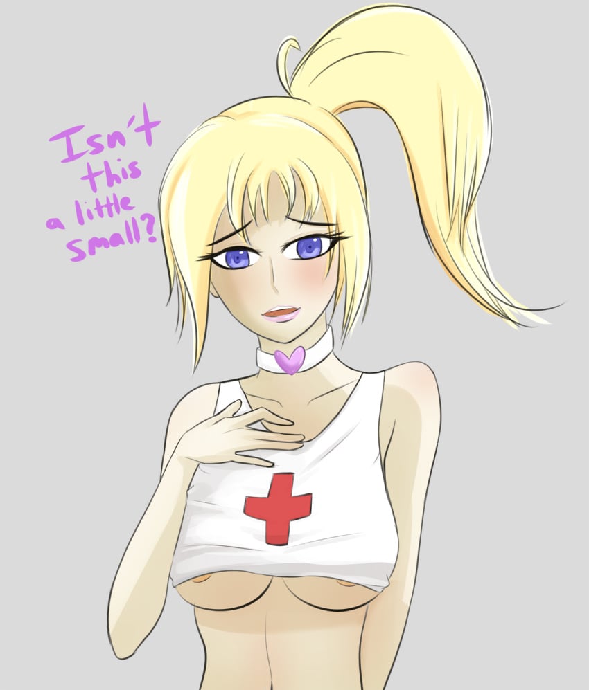 1girls blonde_hair blue_eyes character_request choker dirty_talk ecchieel eyelashes female fringe grey_background light-skinned_female looking_at_viewer nurse nurse_outfit original original_character petite ponytail roleplay schoolgirl shy slim slut smile teenager