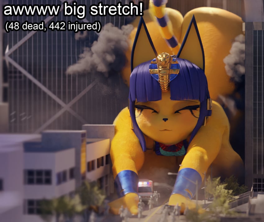 animal_crossing ankha ankha_(animal_crossing) feline furry giantess scrag_boy stretching yellow_body yellow_fur